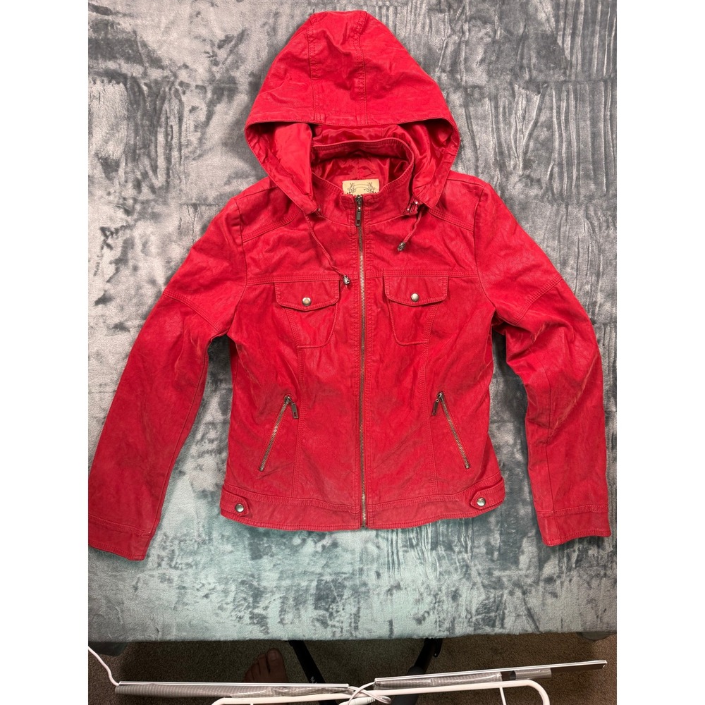 Downtown Coalition Jacket Womens M Red Faux Leather Detachable Hood Moto Zip